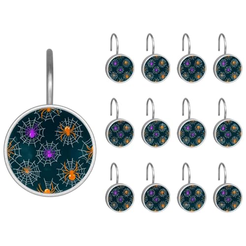 12pcs Glass Shower Curtain Hooks, Rust Resistant Decorative Shower Rings for Bathroom Living Room,Stainless Steel Hooks for Shower Curtain and Liner Rods (Orange and Purple Spider)