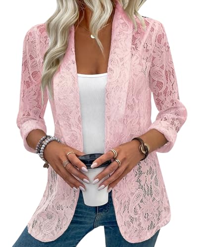 Womens Lace Blazer Jackets Open Front 3/4 Sleeve Button Sheer Mesh Blazer Elegant Casual Blazers Jacket