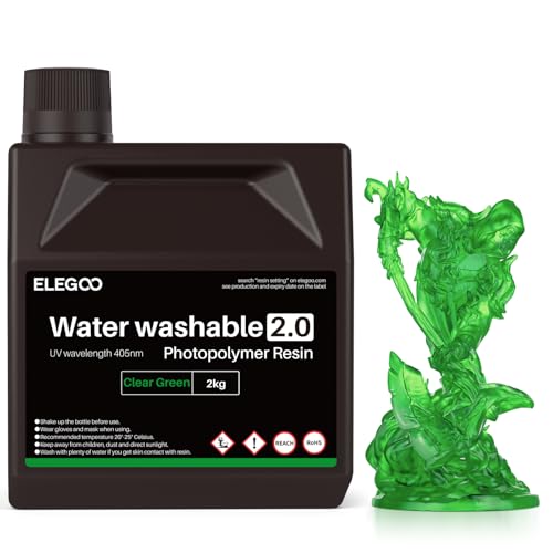 ELEGOO Upgraded Water Washable 3D Printer Resin 2.0, 405nm UV-Curing 3D Resin with Lower Shrinkage and Higher Precision for LCD 3D Printing Clear Green 2000g