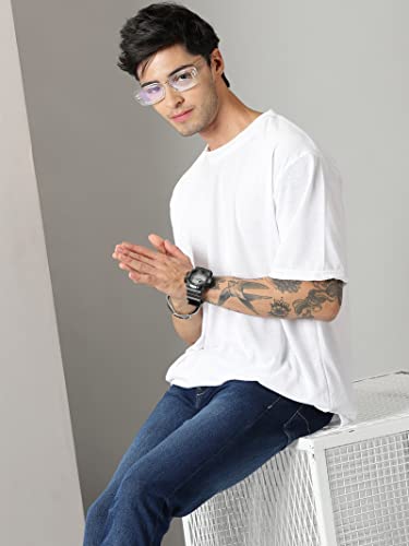 Image of Oversized Baggy Fit Drop Shoulder Half Sleeves Round Neck Solid Pure 100% Cotton T-Shirt for Men (Available in White, Black,Navy Color)