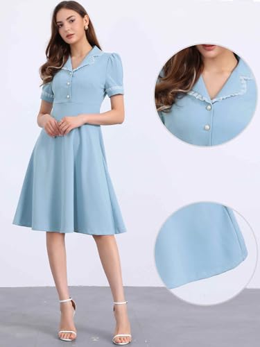 Allegra K Peter Pan Collar Dress for Women's Work Puff Sleeve Vintage Dresses2