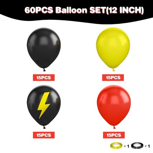 Image of Red Black Yellow Balloons, 60 Pcs 12 Inch Energy Lightning Theme Balloons for Kids Adventure Birthday Party, Game Action Baby Shower Decorations