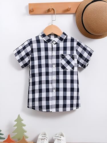 Image of Boys Short Sleeve Button Down Shirts, Plaid and Striped Pattern, Cotton Casual Tops, Pack of 2