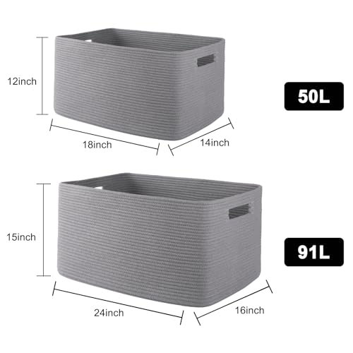 Image of OIAHOMY XXLarge Rectangle Blanket Basket-96L, Cotton Woven Basket for Storage, Dirty Clothes Basket for Living Room, Nursery, Bedroom, Toy Organizing with Handle, 24 inch x 16 inch x 15 inch, Grey