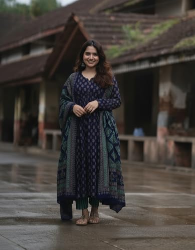 Image of ANNI Designer Women's Rayon Viscose Anarkali Kurta Set with Pant and Dupatta | Stylish Long Kurti Dress for Festive, Party, and Ethnic Wear