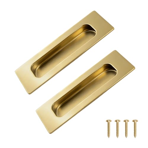 Image of MOROBOR 2pcs Square Bright Gold Flush Pull Recessed Finger Pulls, Length Sliding Door Handles Concealed Handle Stainless Steel Cabinet Pulls for Wardrobe Drawer