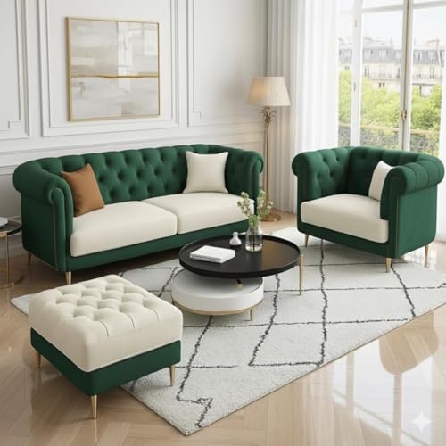 Image of Chesterfield Velvet Upholstery 3-Seater with Armchair and Footrest, Design in 3+1+Footrest Sofa for Living Room, Bedroom, Hallways (Green & Beige)