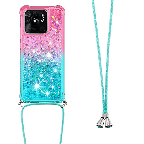 Custodia per Xiaomi Redmi 10C con Cordino Glitter Bling Liquido Cover Sparkly Protettivo Morbido Brillantini Quicksand Cellulare Custodie con Cordoncino Case silicone tpu