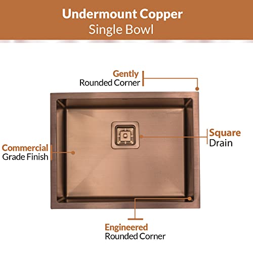 Strictly Sinks 23 Inch Undermount Kitchen Sink – Copper Single Bowl 16 Gauge Stainless Steel Bar Prep Kitchen Sink Scratch & Stain Resistant – With Square Disposal Adapter & Bottom Grid #TOP3