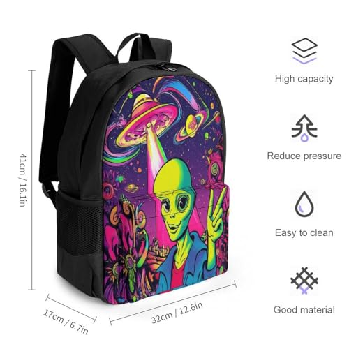 Backpack with Zippered Side Pockets, Unisex Trippy Space Alien Weed Art Breathable Backpack for Hiking, Gym, Fashion Adjustable Shoulder Bag2