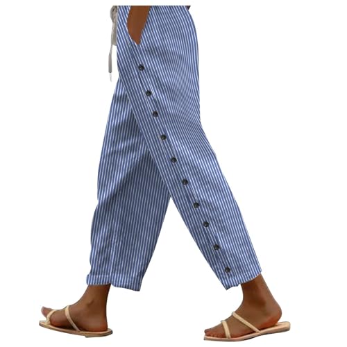 Image of Cotton Linen Trousers Womens Summer Drawstring Elastic Waist Striped Cropped Trousers Beach Holiday Yoga Pants Casual Lounge Pants Lightweight Comfy Bottoms with Pockets and Side Buttons Blue