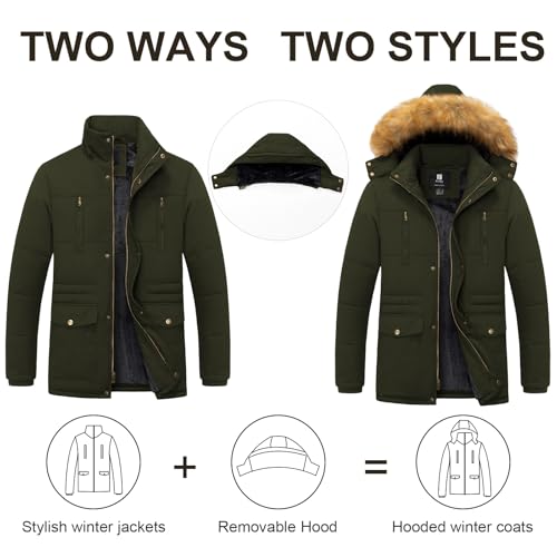 Pursky Men's Winter Cotton Military Coat Fleece Lined Warm Work Jacket Thicken Parka with Removable Faux Fur Hood3