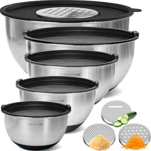 PriorityChef Stainless Steel Mixing Bowls With Lids Set of 5 - Multifunctional Stackable Measuring Bowl Set With Silicone Base - 1.2 / 1.7 / 2.2 / 3.6 / 4.7 Quart