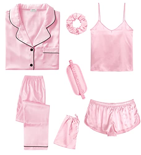 SWOMOG Womens Silk Satin Pajamas Sets 7pcs Sleepwear Sexy Cami Shorts Set and Button Down Short Sleeve Satin Pjs Pink Medium