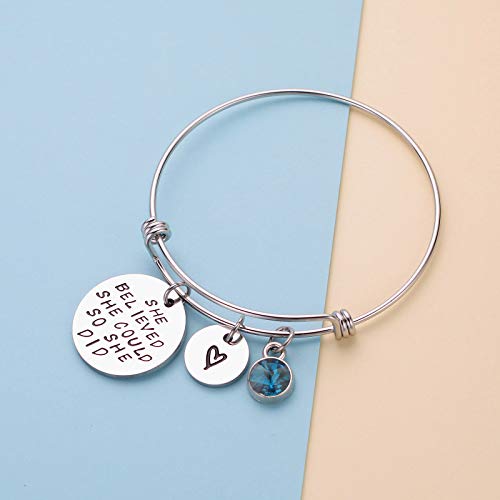 Image of LIUANAN Stainless Steel Inspirational Encouragement Bracelet She Believed She Could So She Did Expandable Bangle Birthstone Charm Cuff Bracelet