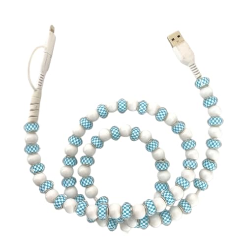 2026 New Beaded Charging Cord, 2 in 1 Bead Charger Cord, Colorful/Metallic/Pearl Dazzle Bead Phone Charge Cable, 3.3ft USB Cable Type C for iPhone (Blue White)