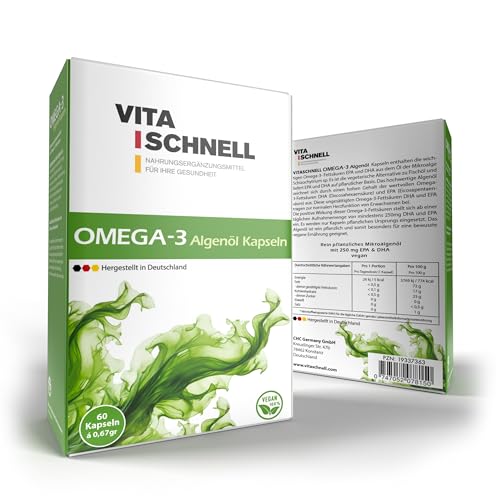 Vita Schnell Omega 3 Algenöl – 60 hochdosierte Kapseln mit 250mg EPA und DHA – Vegan, glutenfrei & laktosefrei – Ohne Allergene – nachhaltig produziert