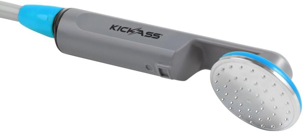 Close-up of the shower head with a visible power button for operation