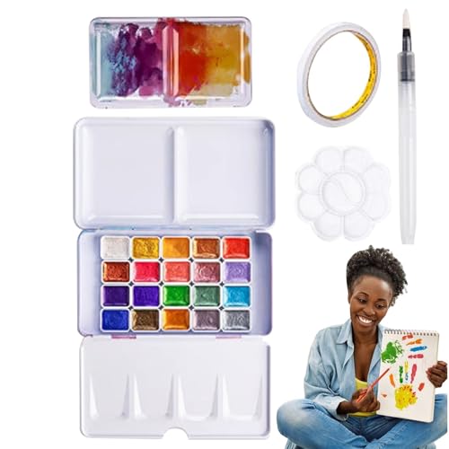 Veasbuu Juego de pintura al agua portátil, juego de pintura al agua que cambia de color, juego de acuarela multifuncional, juego de pintura al agua sólida, juego de pintura al agua de 20 colores, kit
