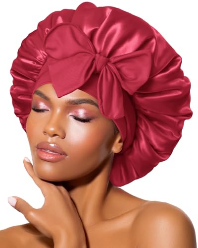 Image of BONNET QUEEN Silk Bonnet for Sleeping Satin Bonnet Women Hair Wrap Night Sleep Cap Scarf Wrap for Curly Hair with Tie Band Red Burgundy