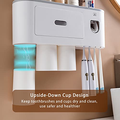 Aeakey Toothbrush Holder with Toothpaste Dispenser-Multifunctional Wall Mounted Space-Saving Automatic Toothpaste Dispenser Squeezer Kit, 4 Toothbrush Slots,2 Cups and Drawers for Bathroom - Thumbnail 4