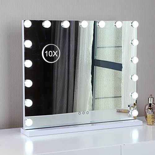 SaimeihomeHollywood Vanity Mirror with 17 LED Dimmable Bulbs, Makeup Mirror with 3 Color Modes, Smart Touch Mirror with Adjustable Brightness, 10x Magnifer, Tabletop 60 x 52 cm (White)