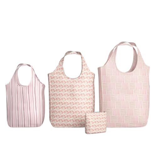 Pure Sage Reusable Grocery Bag - Stylish Shopping Bag for Groceries - Foldable Tote Bag - Medium Size - Rose Combo Pack (3 Sizes)