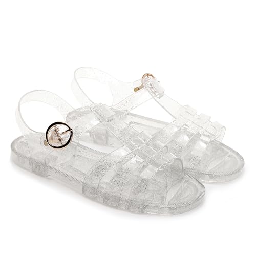 Image of Toddler Sandals Jelly Shoes Girls Unisex Boy Flat Retro Slides Clear Kids Water Slippers Slingback Summer Beach Size 8 Adjustable Buckle Glitter Dress Soft