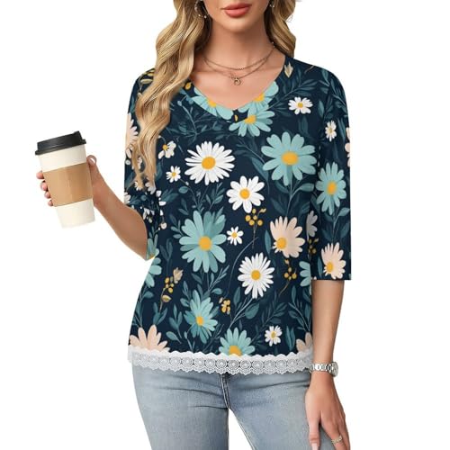 Women's Bud Lace Sleeve Top Blue Daisy Meadow Feminine Cotton