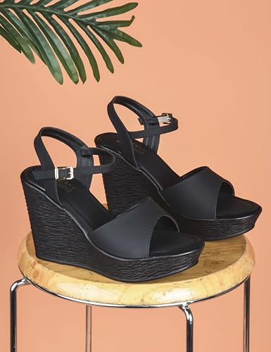 Image of JM LOOKS Sleek Minimalist Wedge Sandals Featuring Broad Single Strap and Textured High Platform for Daily Elegance
