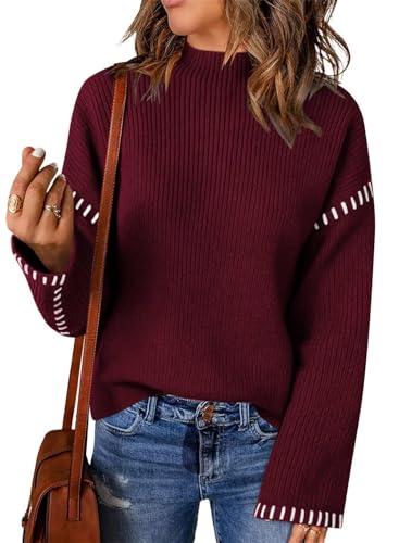 Wkior Womens Sweaters Long Sleeve Oversized Mock Neck Chunky Knit Pullover Sweater Top 2025 Fall Winter Outfits