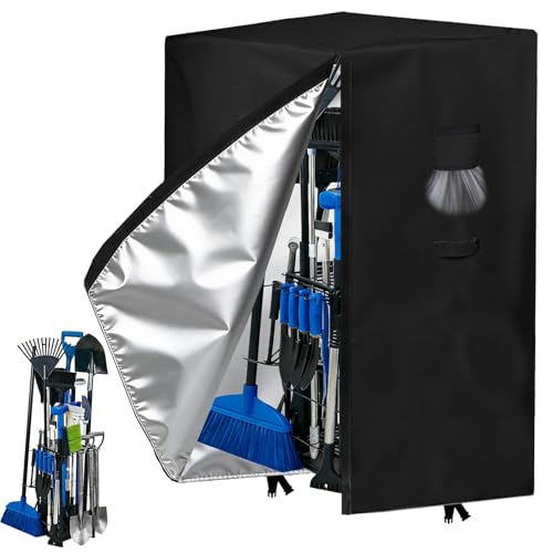 FEIJAZUM Garden Tool Organizer Rack Cover, 35.4"x31.5"x63", All-Weather Water-Resistant Cover, 420D Oxford Fabric, Easy-Access Tape Closures, Handles and Ventilation for Outdoor Storage, Only Cover