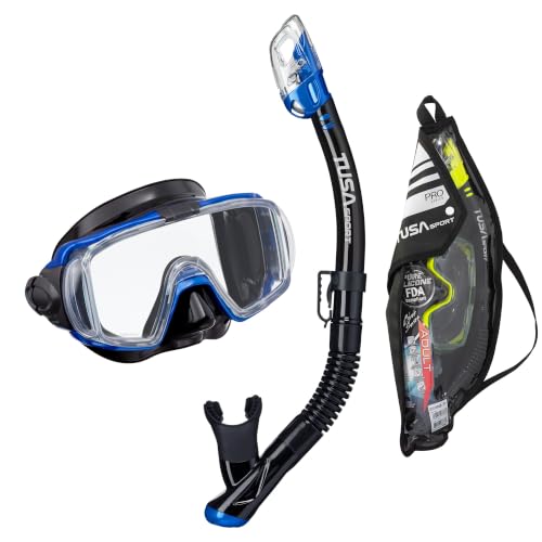 TUSA Sport Adult Visio Tri-Ex Mask and Dry Snorkel Combo, Black/Metallic Blue, UC-3125PQB-MB