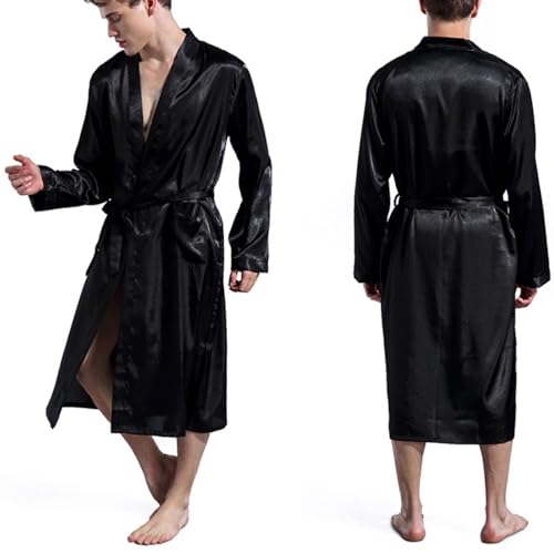 Bath Robe Men Casual Fashion Satin Silk Long Sleeve V-Neck Bathrobe with Pocket Belt Baggy Solid Color Cozy Sleepwear Robe For Men Short Sleeve Black XL