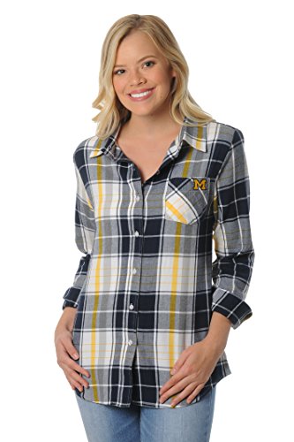 NCAA Michigan Wolverines Women s Plus Size Boyfriend Plaid Shirt, 2X, Navy Gold White