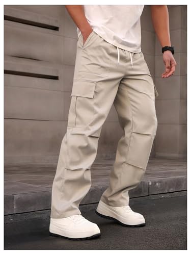 OYOANGLE Men's Cargo Pants Drawstring Waist Ruched Straight Leg Outdoor Hiking Trousers4