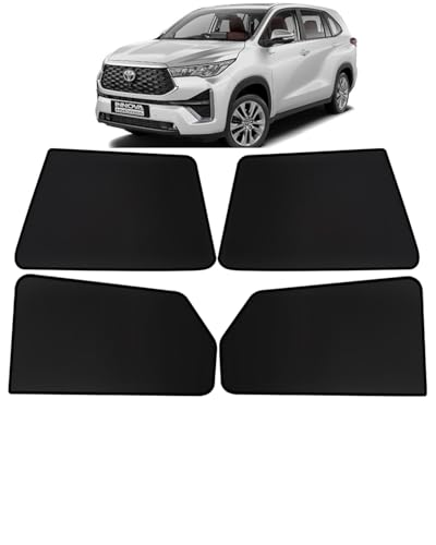 Image of OTO2EYE Car Sun Shade Compatible for Toyota Innova Hycross Model-2023 Onwards, Z-Black Fix Type Side Window Curtains, Only Half Cut in Front Window, 6 Pieces Set