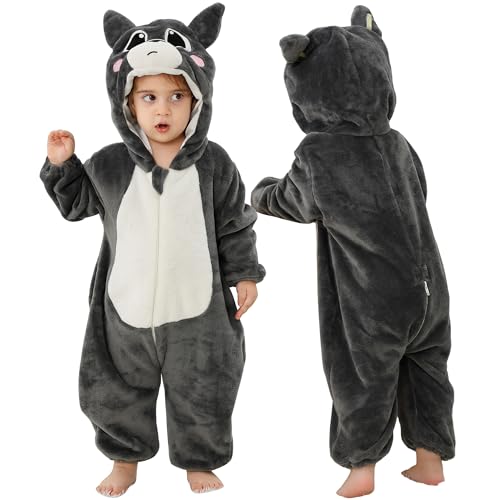 MICHLEY Unisex Baby Hooded Romper Infant Toddler Animal Dress Halloween Party Outfit Jumpsuit 6-12 Months, Grey Cat
