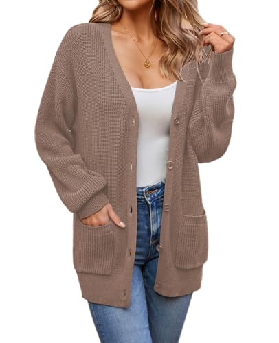 QUALFORT Women’s 100% Cotton Cardigan Sweater with Pockets Camel