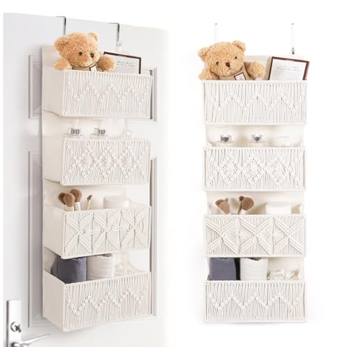 ANTIS'S HOME Nursery Over The Door Organizer Boho Decor Nursery Storage with 4 Large Woven Pockets, Macrame Nursery Organizers and Toys Storage, Behind Door for Bathroom, Bedroom 4 Pockets