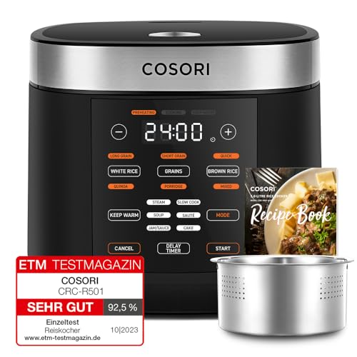 COSORI Cuociriso Elettrico 1,8 L con 17 Programmi e Logica Fuzzy, Vaporiera in Acciaio Inox, Timer e Mantenimento Calore, 50 Ricette Incluse