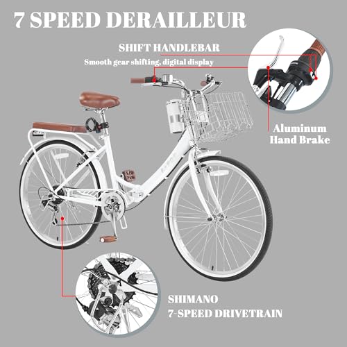 Image of 24 /26 Inch Folding Beach Cruiser Bike for Women, 7-Speed Foldable Bicycle with Basket & Cup Holder, Adult Commuter Bike with Adjustable Seat, Dual V-Brake System