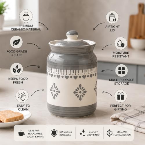 Image of Niyara Multipurpose Storage Ceramic Pickle set Jars with Lid & tray (Set of 4, 300 ml) (grey jhalar jar set 2)