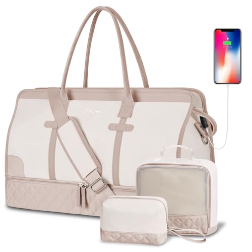 ETRONIK Weekend Overnight Bag for Women, Large Travel Duffle Bag with Shoe Compartment & Wet Pocket, Carry On Tote Bag Gym Duffel Bag with Toiletry Bag, Bag for Hospital 3 Pcs Set, Khaki Beige M