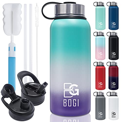 BOGI Insulated Water Bottle 32 oz, Double Wall Vacuum Stainless Steel Water Bottle with Straw and 3 Lids, Sweat-Proof Wide Mouth Steel Water Bottle Keeps Hot or Cold for Sports Gym Office (Color 1)