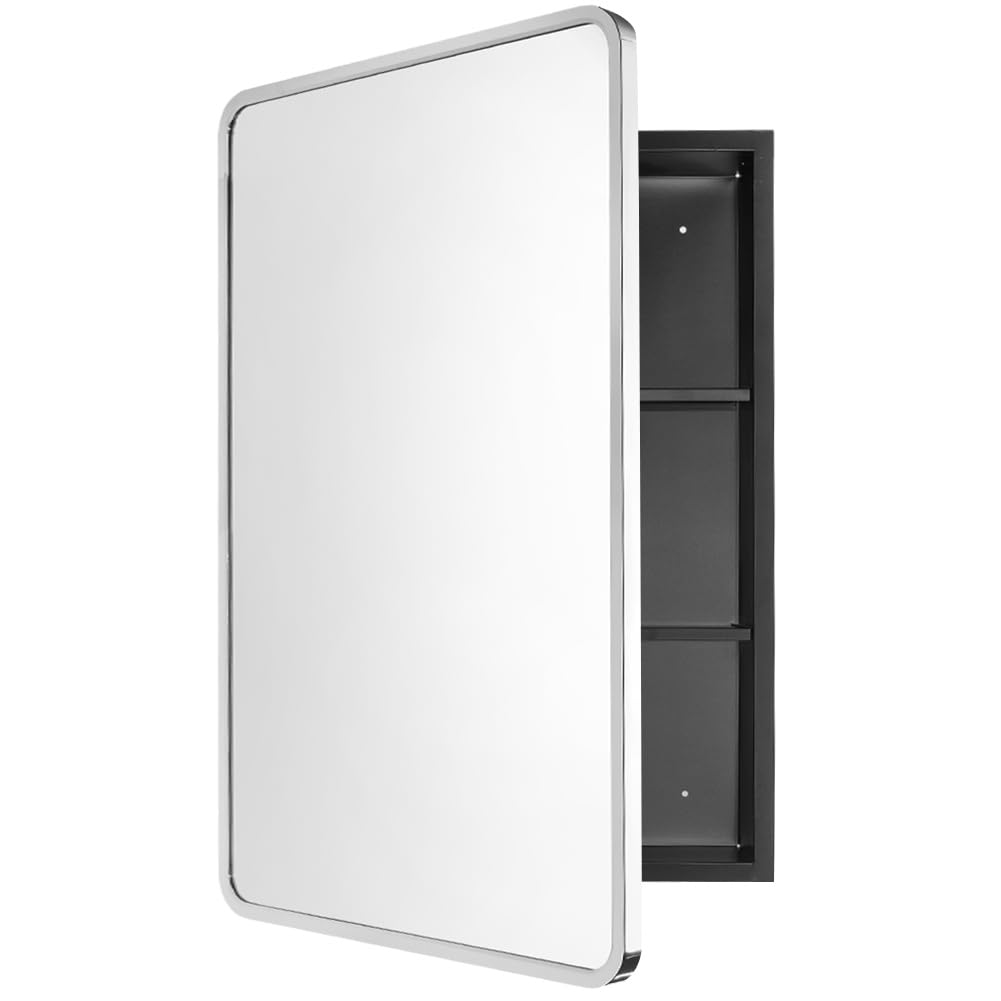 Movo Medicine Cabinet with Mirror, 20 Inch x 31 Inch Metal Framed Bathroom Mirror Medicine Cabinet Rectangle Tilting Beveled Vanity Mirrors Recess or Surface Mount Installation Chrome