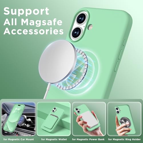 Image of Magnetic for iPhone 16 Case, Compatible with Magsafe, Suction Cup Phone Mount, [2 Screen Protectors][Camera Lens Protector] Silicone Shockproof Protective Phone Cover 6.1 inch, Spearmint Green