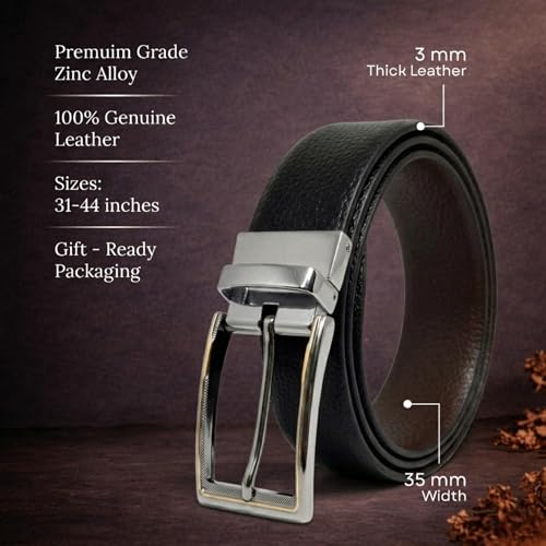 Image of THE MEN THING Mens Genuine Leather Belt | 2 in 1 Reversible (Black & Brown) (1 Pc.) - LUXORIC - AXIOM