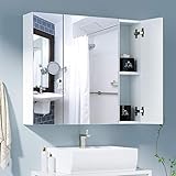 27.6 X 23.6 Inch Bathroom Wall Mirror Cabinet, Medicine Cabinet with 3 Doors Multipurpose Space Saver Storage Organizer Adjustable Shelves Kitchen Cupboard, White