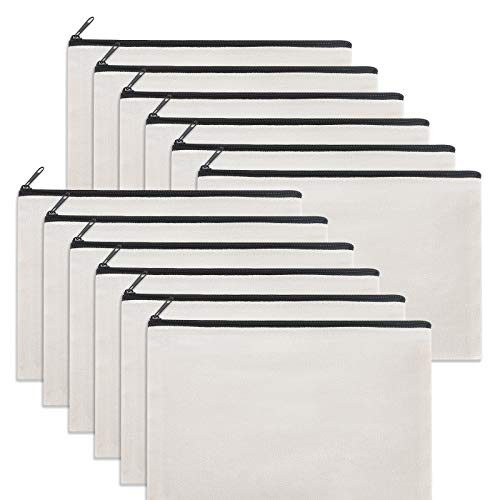 Image of 12 Pieces White Cotton Canvas Makeup Bag, Multipurpose Cosmetic Bag with Zipper Travel Toiletry Pouch, Blank DIY Craft Bag (White, M)